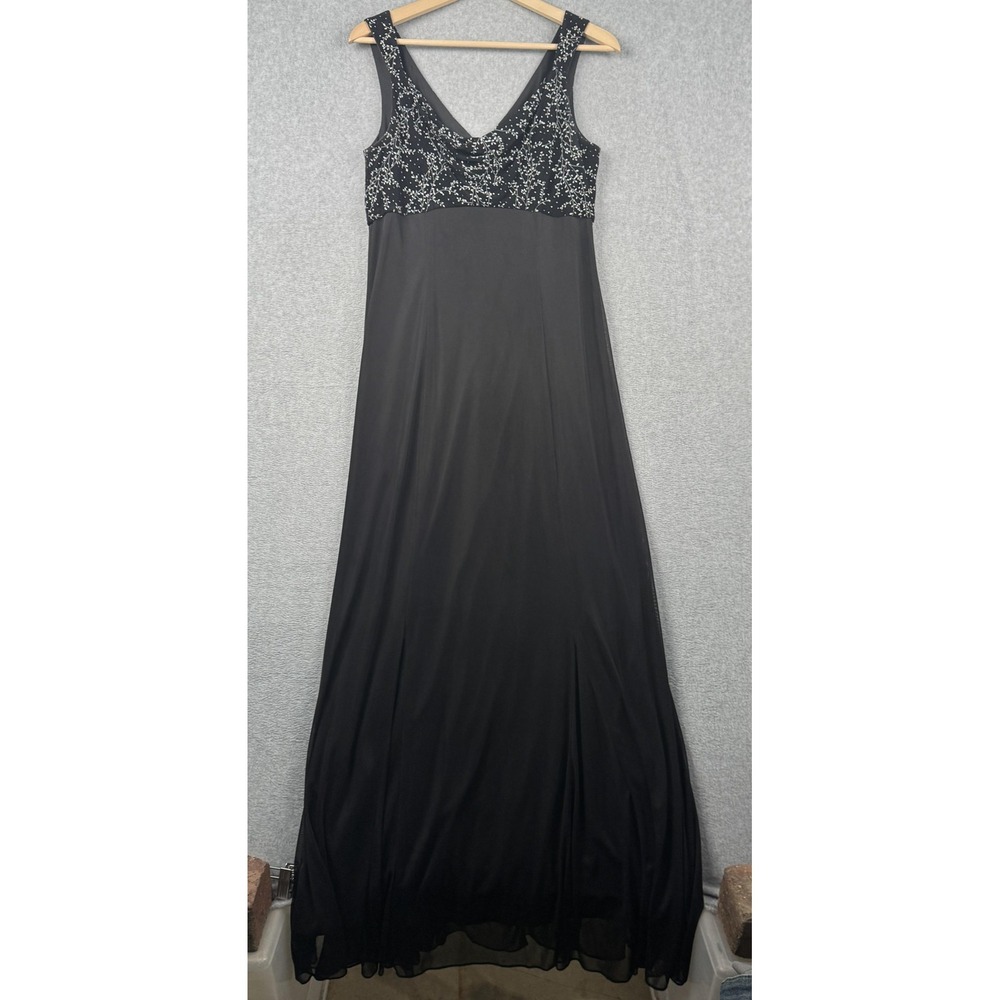Alex Evenings Gown Womens 10 Black Silver Floral Glitter Formal Empire Maxi Y2K